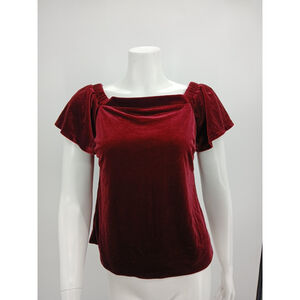 White House Black Market Top Sz XS Red Square Neck Stretch Velour Flutter Sleeve